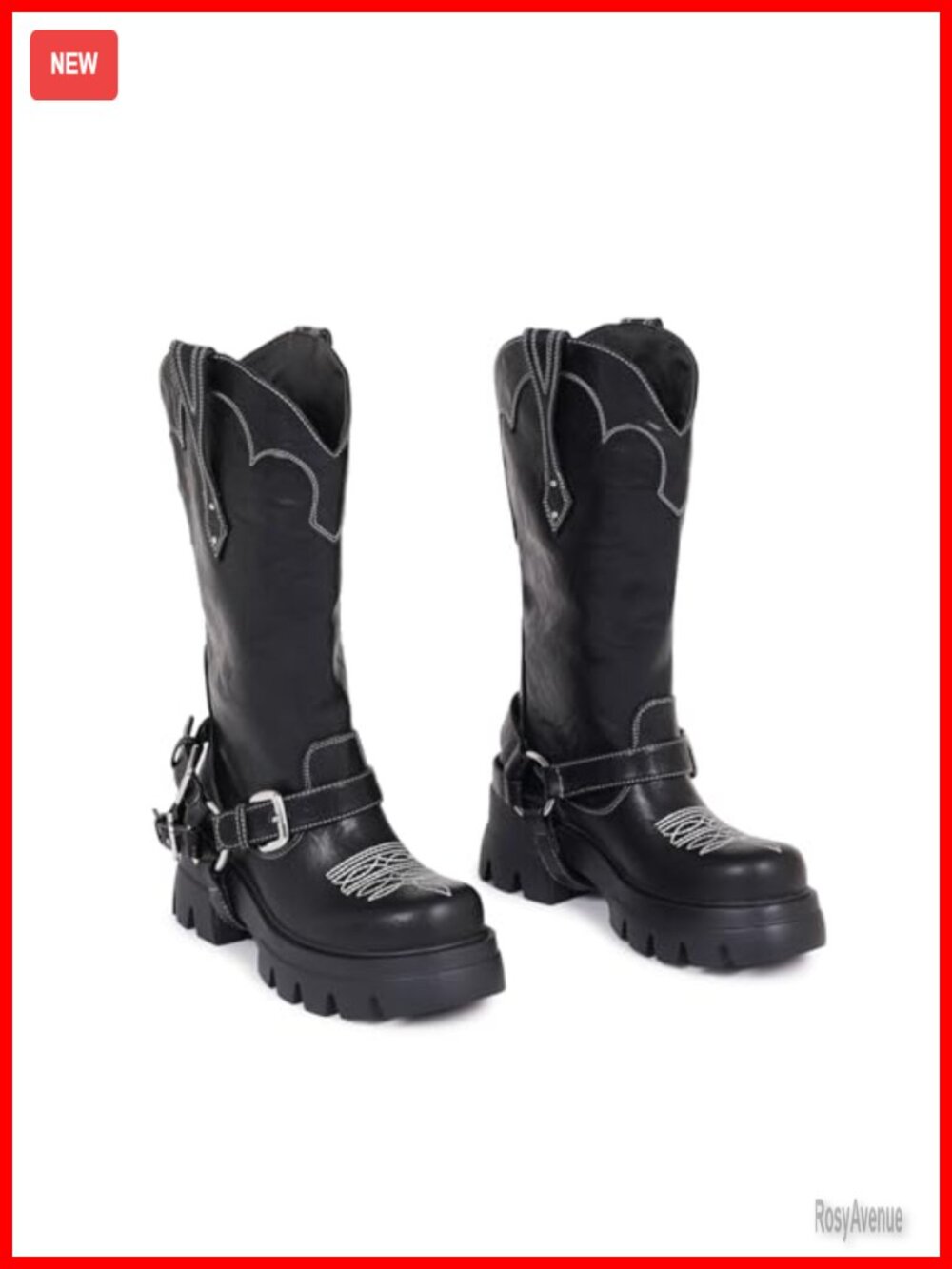 Faux Leather Western Cowboy Boots with Buckle & Chunky Heel